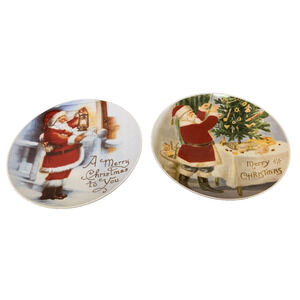 Vintage Santa Plates Set of 2 Merry Christmas Holiday Ceramic Dessert 8" Plates